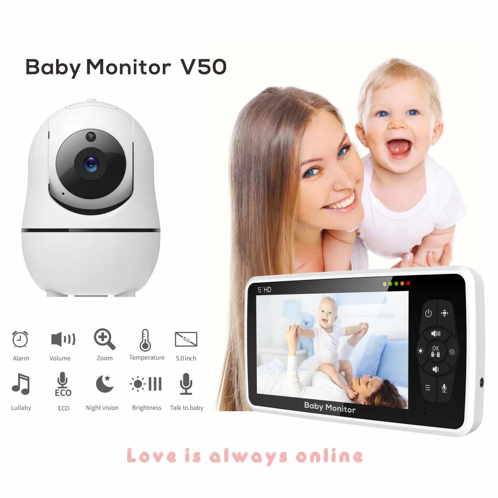5 Zoll Babyphone Video Monitor mit Kamera Audio Zoom