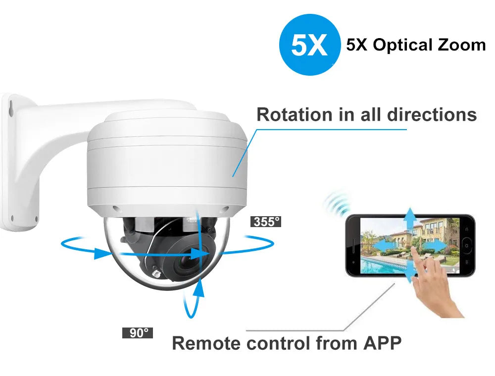 4K 8MP PoE PTZ camera with 5X zoom and IR