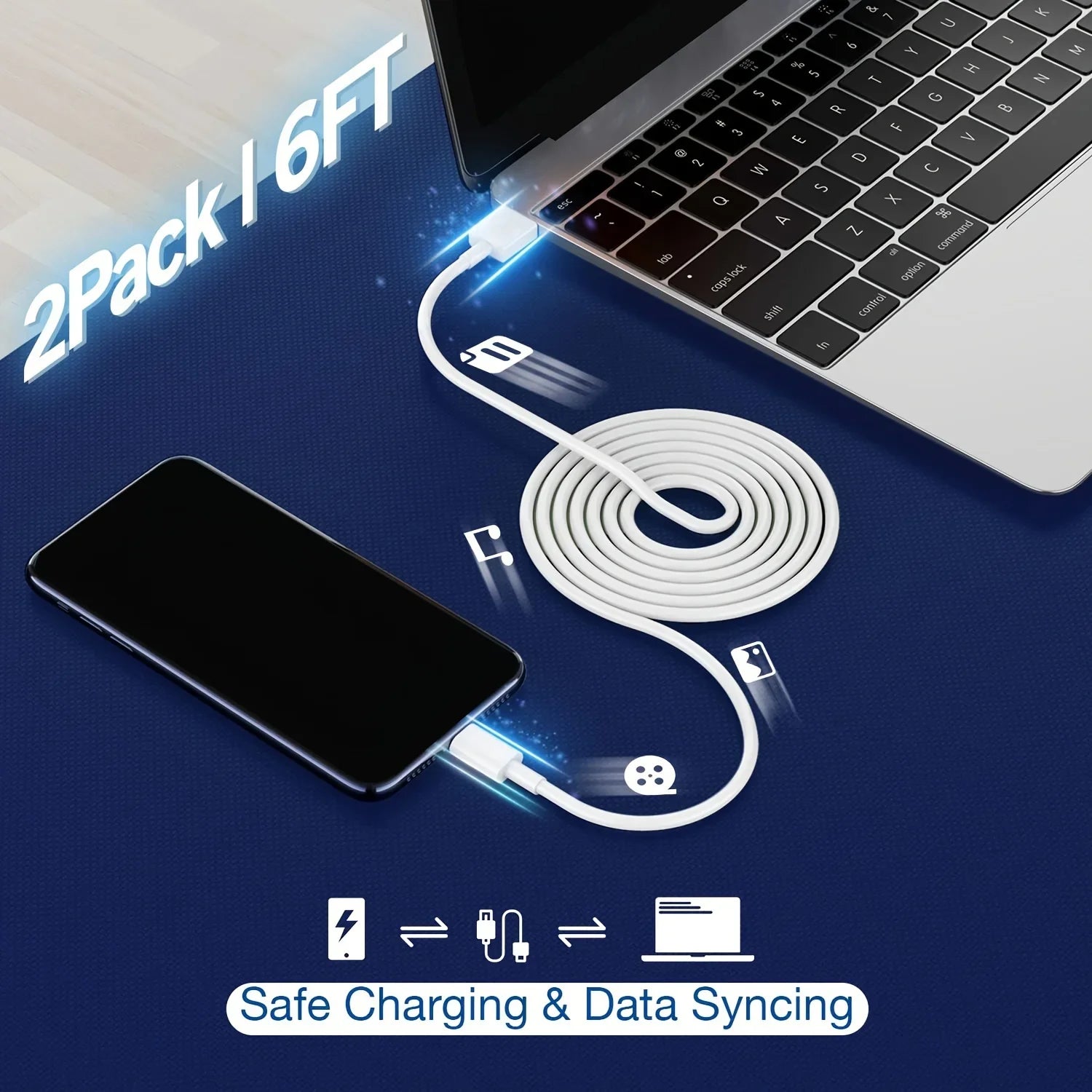 Ensemble de 3 câbles de données de 6 pieds et chargeur USB