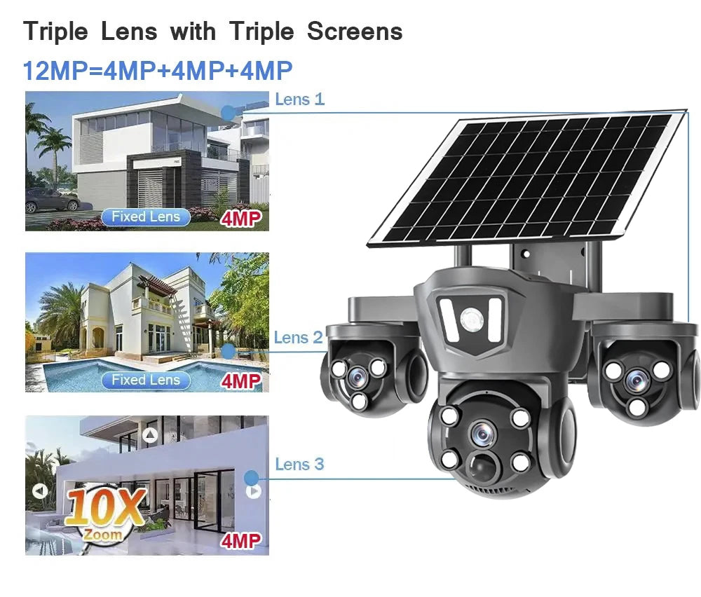 Wireless 12MP 4G WiFi Solar Camera with 3 Lenses
