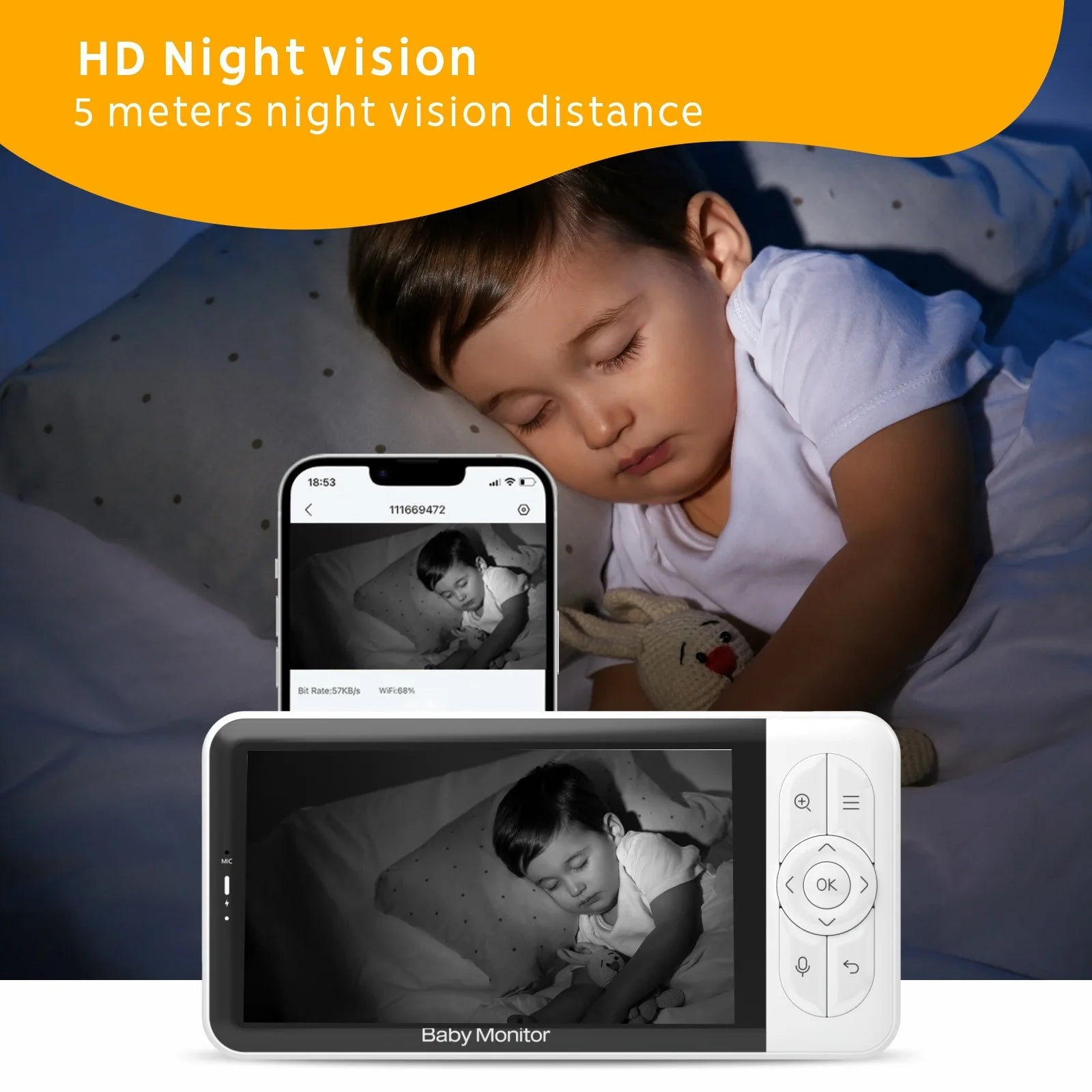5-inch Baby Monitor 1080P PTZ Night Vision Temperature