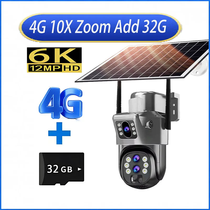 Solar Outdoor Camera 12MP 6K 4G SIM 10X Zoom PTZ