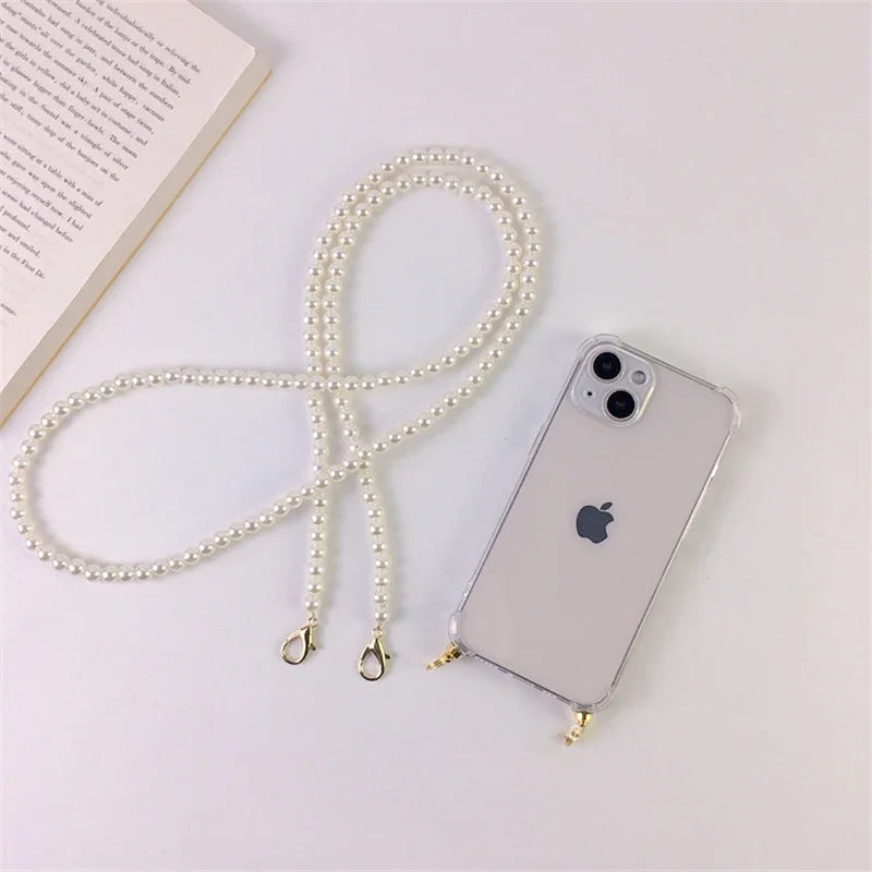 Luxury phone case with pearl necklace and shoulder strap