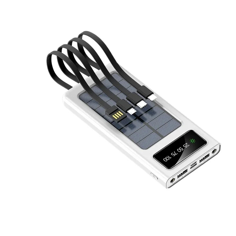 Portable 20000mAh solar power bank with 4 cables
