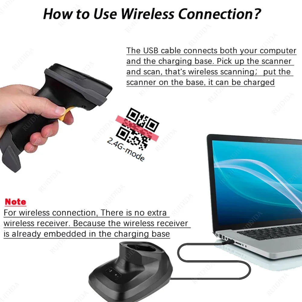 Kabelloser QR Barcode Scanner mit Ladestation 2D 1D