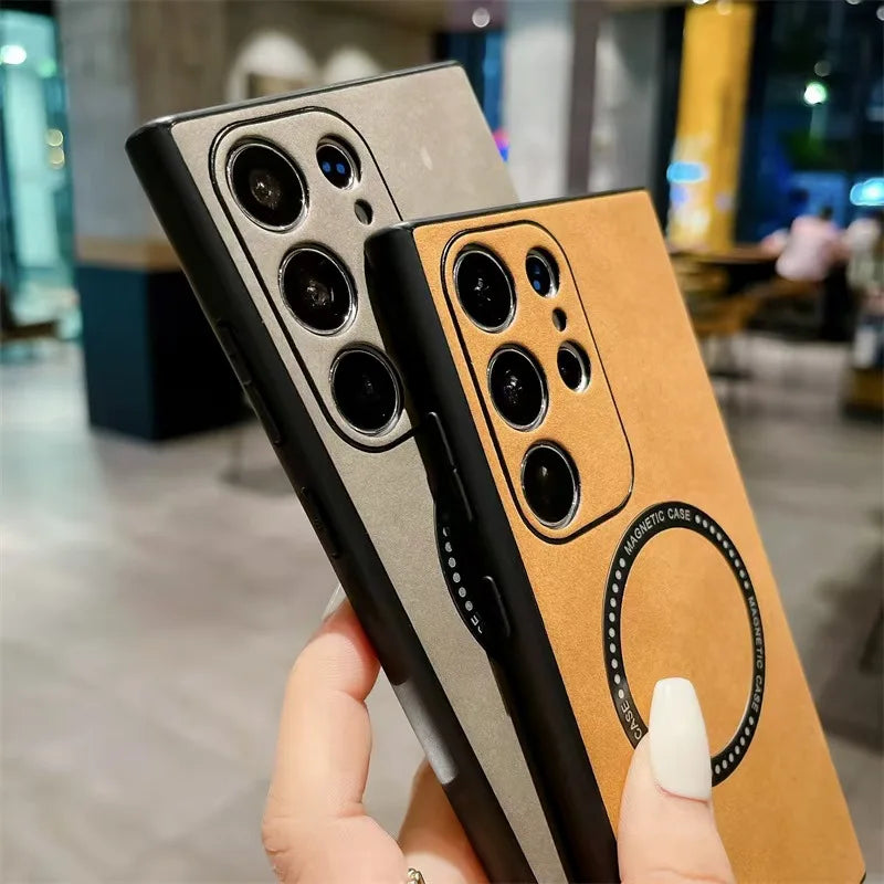 Magnetic leather case for Galaxy S25–Note 10 Plus