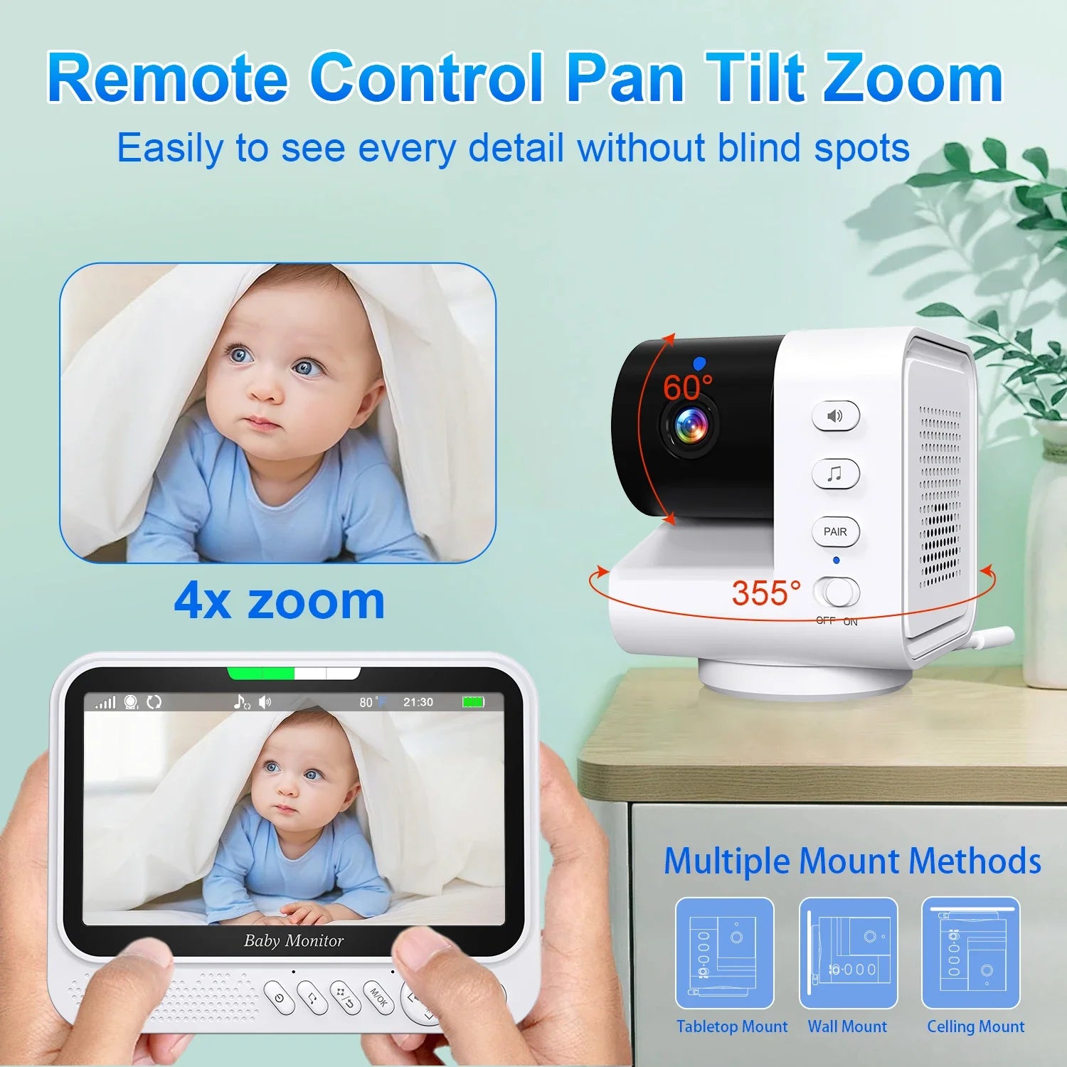 7-inch video baby monitor with pan-tilt-zoom