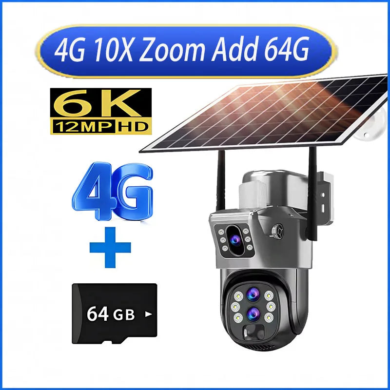 Solar Outdoor Camera 12MP 6K 4G SIM 10X Zoom PTZ