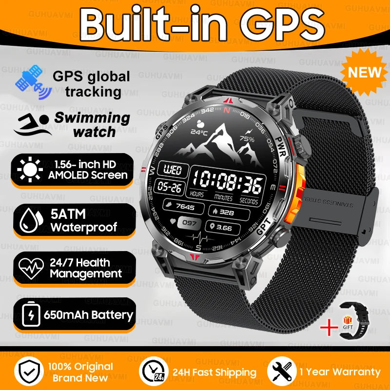 Robuste GPS Militär-Smartwatch 5ATM Dualband Kompass