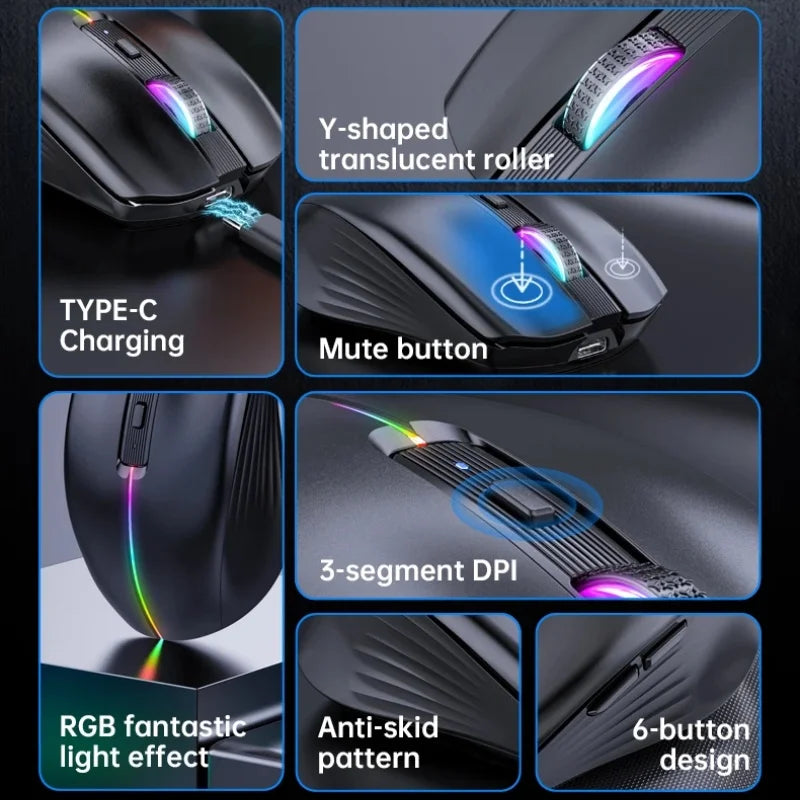 Leise Bluetooth Maus 2.4G mit Typ-C, 6 Tasten