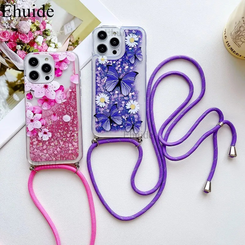 Glitzer Lanyard Hülle für iPhone 17 mit Schmetterling