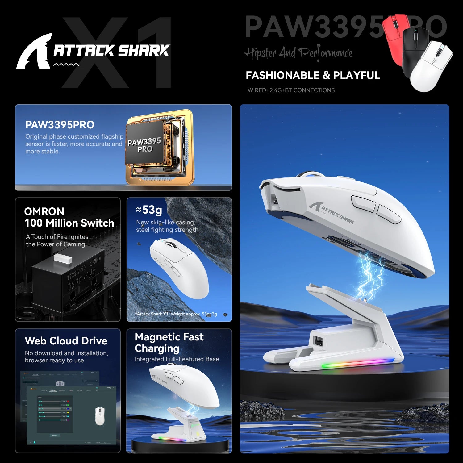 Kabellose Gaming-Maus RGB mit PixArt Sensor 40000 DPI