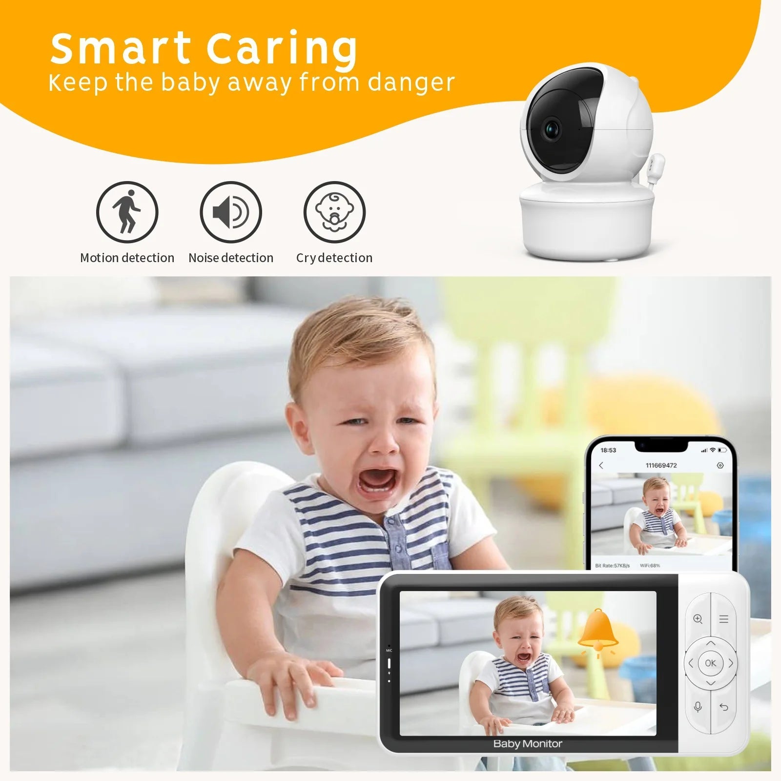 5-inch Baby Monitor 1080P PTZ Night Vision Temperature