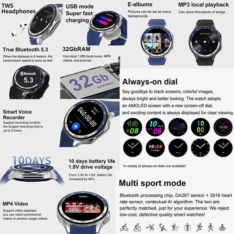 Elegante Smartwatch 2025 mit Video & Fitnessfunktionen