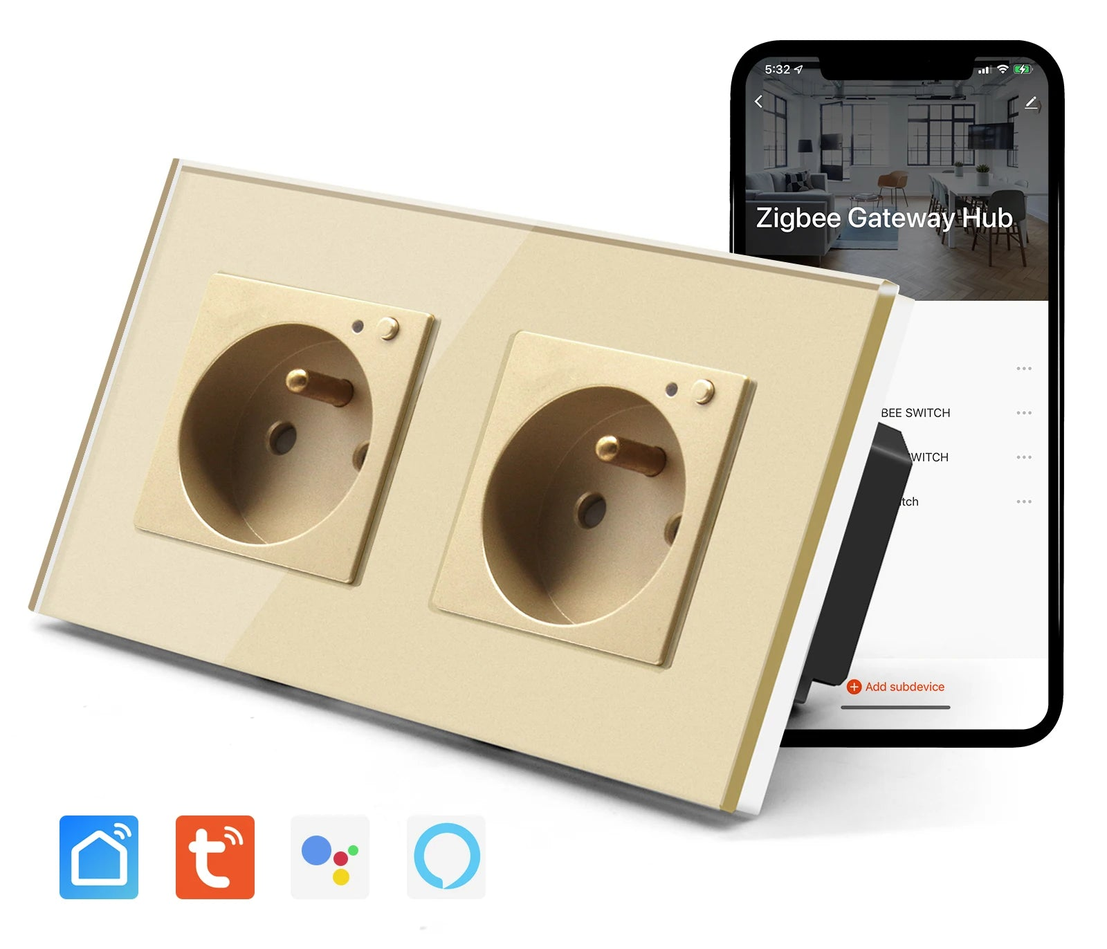 Doppelte Wandsteckdose Glas Panel Smart 16A