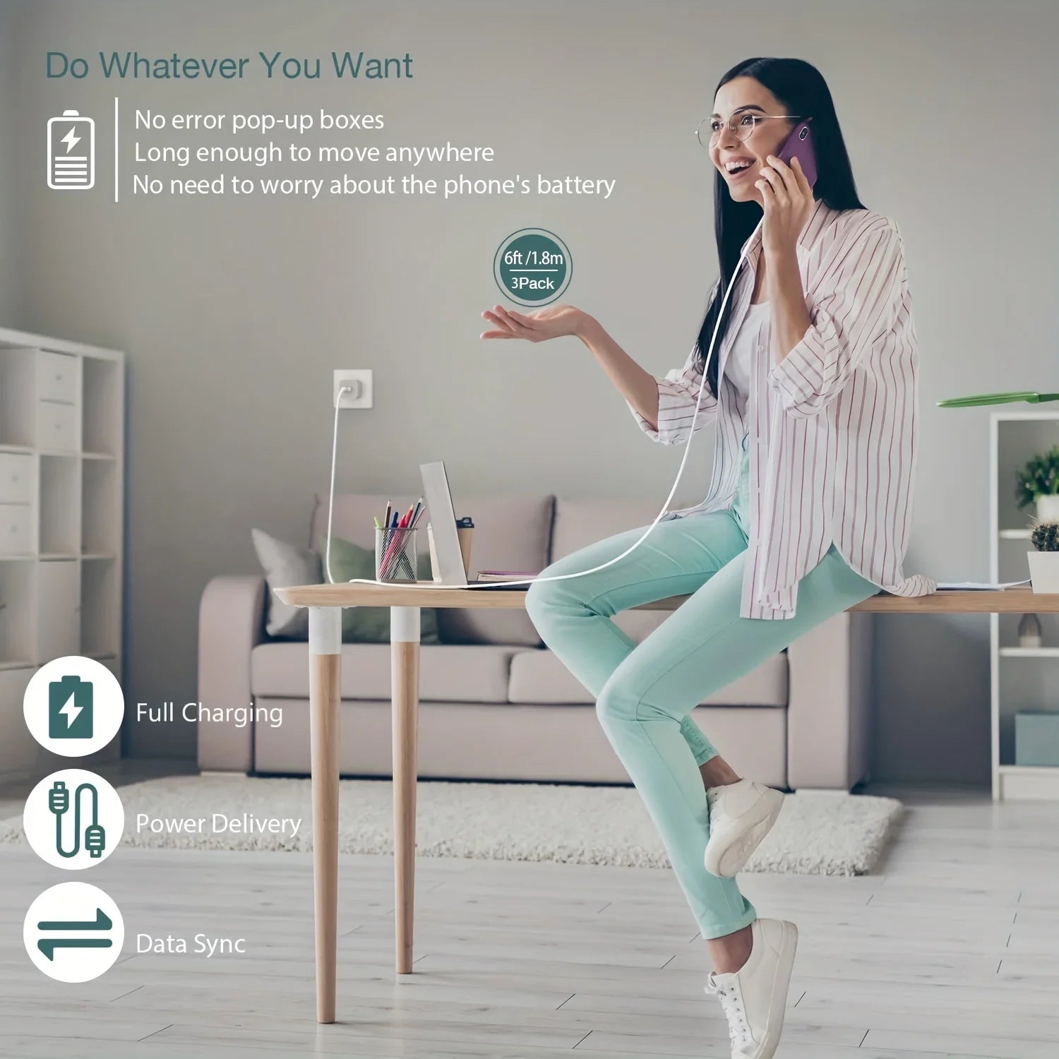 Ensemble de 3 câbles de données de 6 pieds et chargeur USB