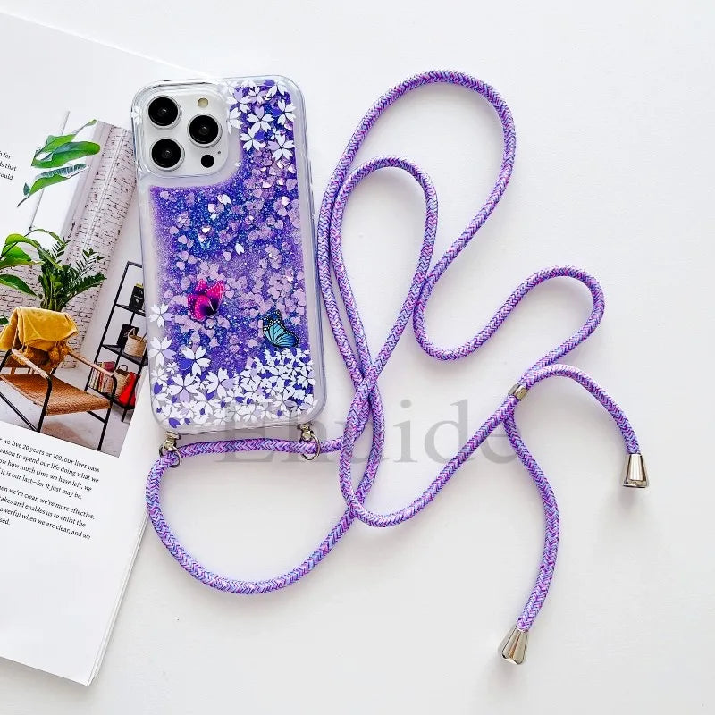 Glitzer Lanyard Hülle für iPhone 17 mit Schmetterling
