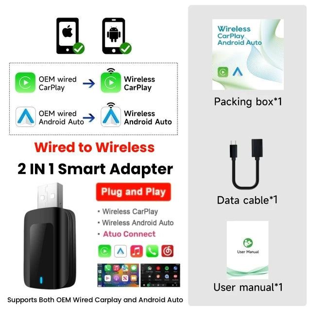 2-in-1 AI Box Mini Adapter CarPlay Android Auto