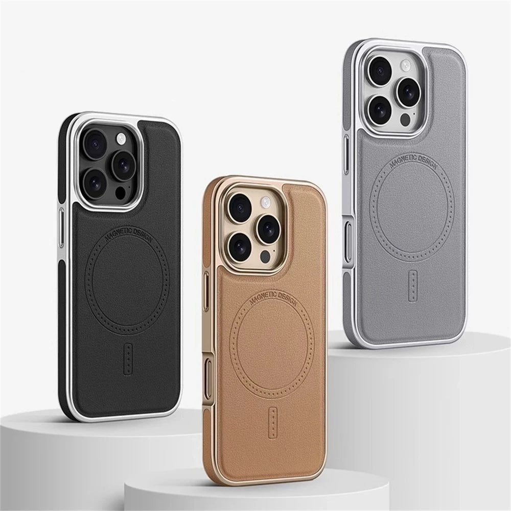 Luxus Plating Rahmen PU Leder Magnetische Hülle für iPhone 17