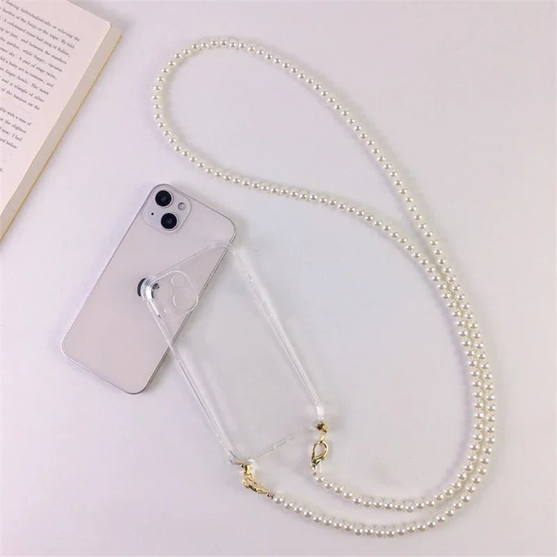 Luxury phone case with pearl necklace and shoulder strap