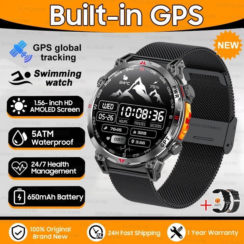Robuste GPS Militär-Smartwatch 5ATM Dualband Kompass