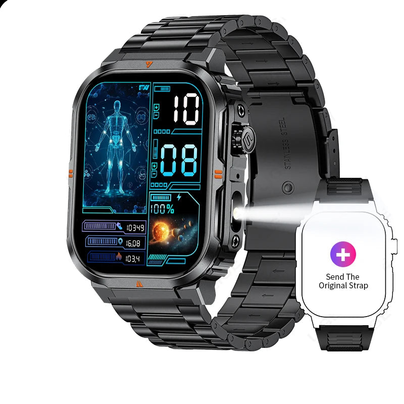 Outdoor Smartwatch 2024 mit LED-Taschenlampe & Bluetooth-Anruf – Wasserdicht, Sport & Fitness