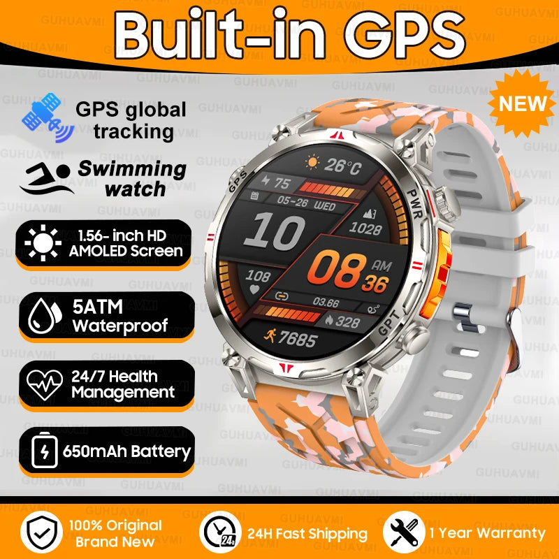 Robuste GPS Militär-Smartwatch 5ATM Dualband Kompass
