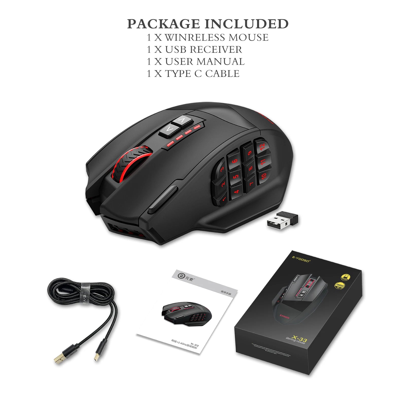 RGB Gaming Maus 16000 DPI 18 Tasten USB 2,4G Kabellos