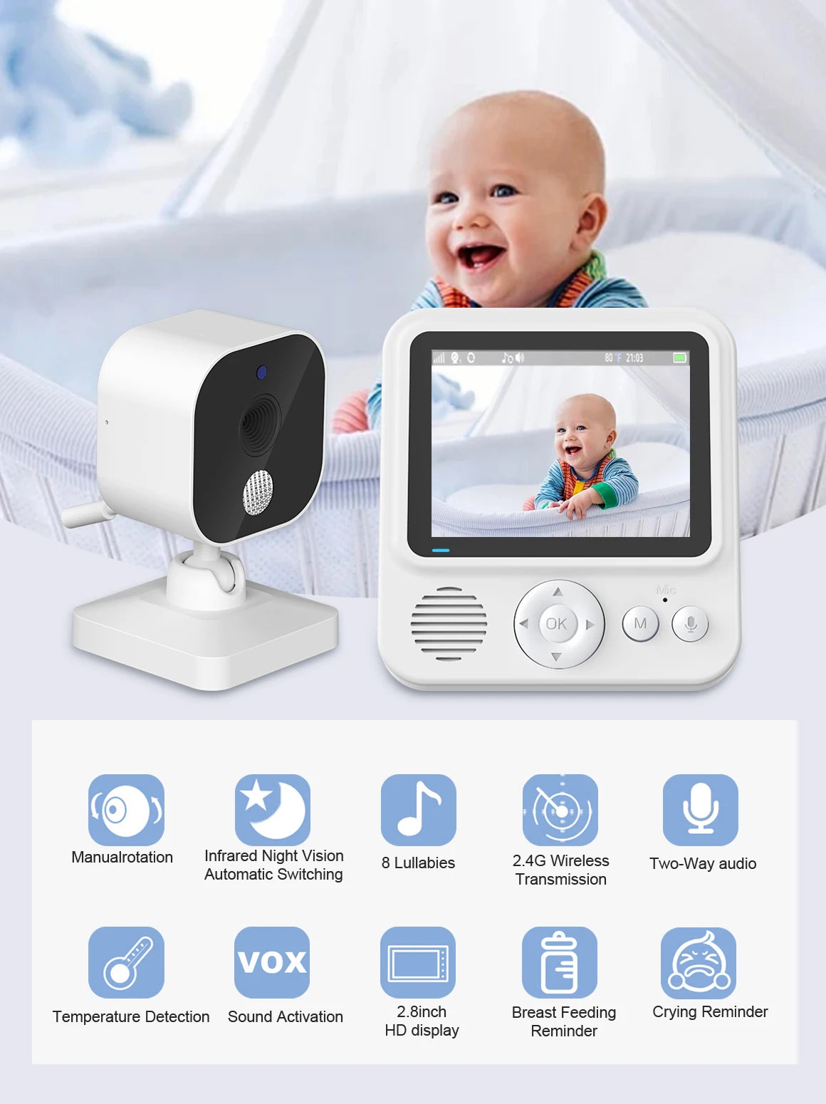 2,8 Zoll Babyphone mit 1080P, Temperatur & VOX