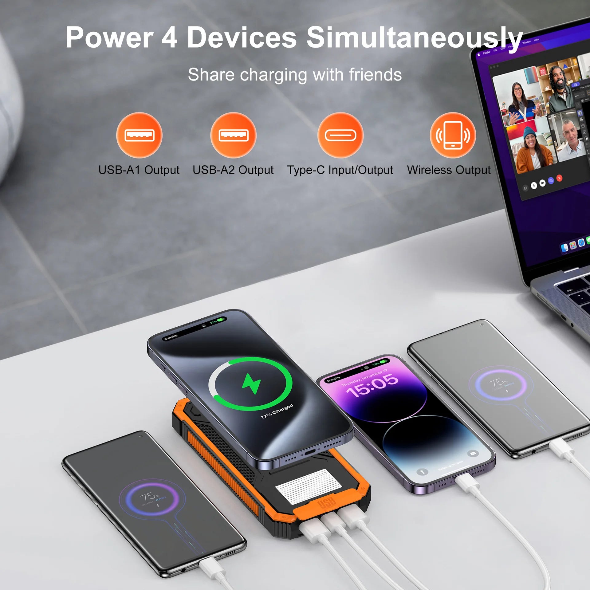 Wasserdichte Solar Powerbank 20000mAh kabellos