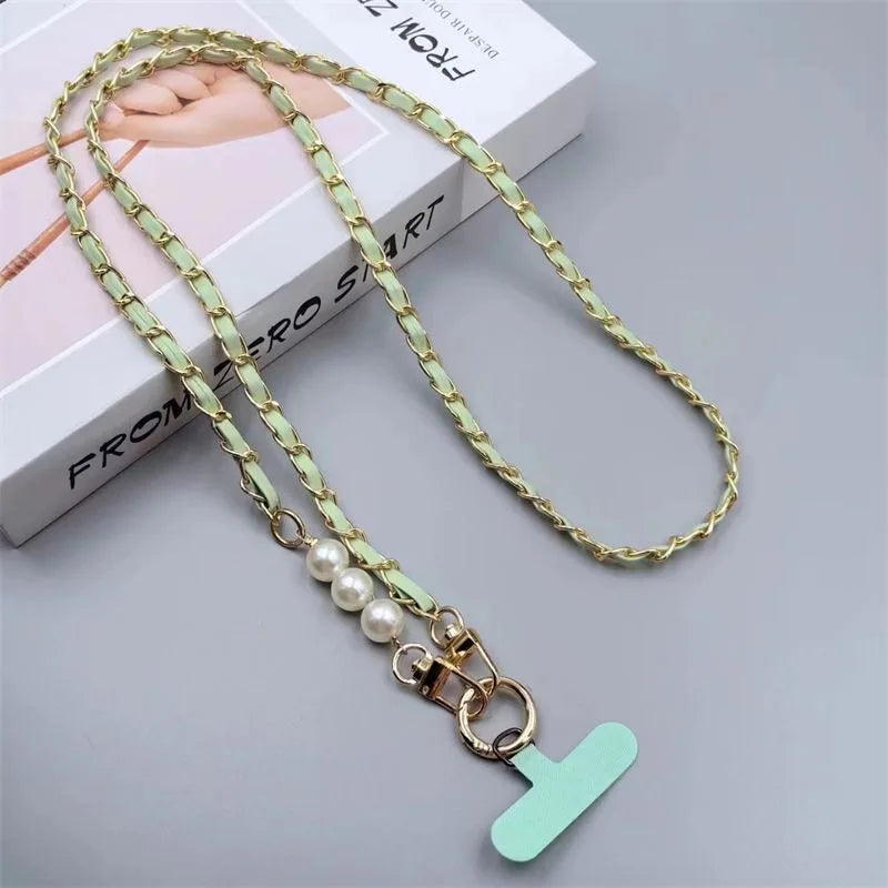 Damen Leder Lanyard mit Perlen & Metallkette
