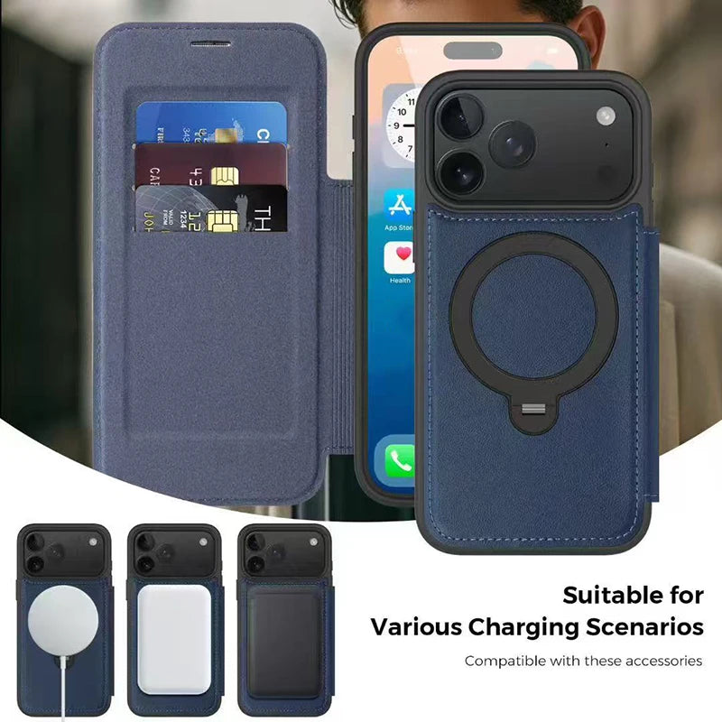 Kartenetui Flip-Ledertasche für iPhone 17 mit Ringständer