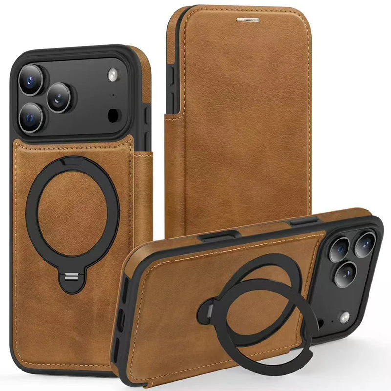 Kartenetui Flip-Ledertasche für iPhone 17 mit Ringständer