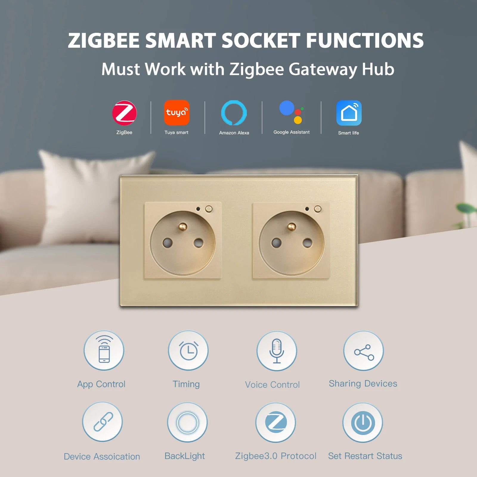 Doppelte Wandsteckdose Glas Panel Smart 16A