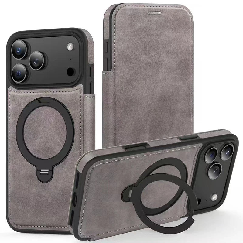 Kartenetui Flip-Ledertasche für iPhone 17 mit Ringständer