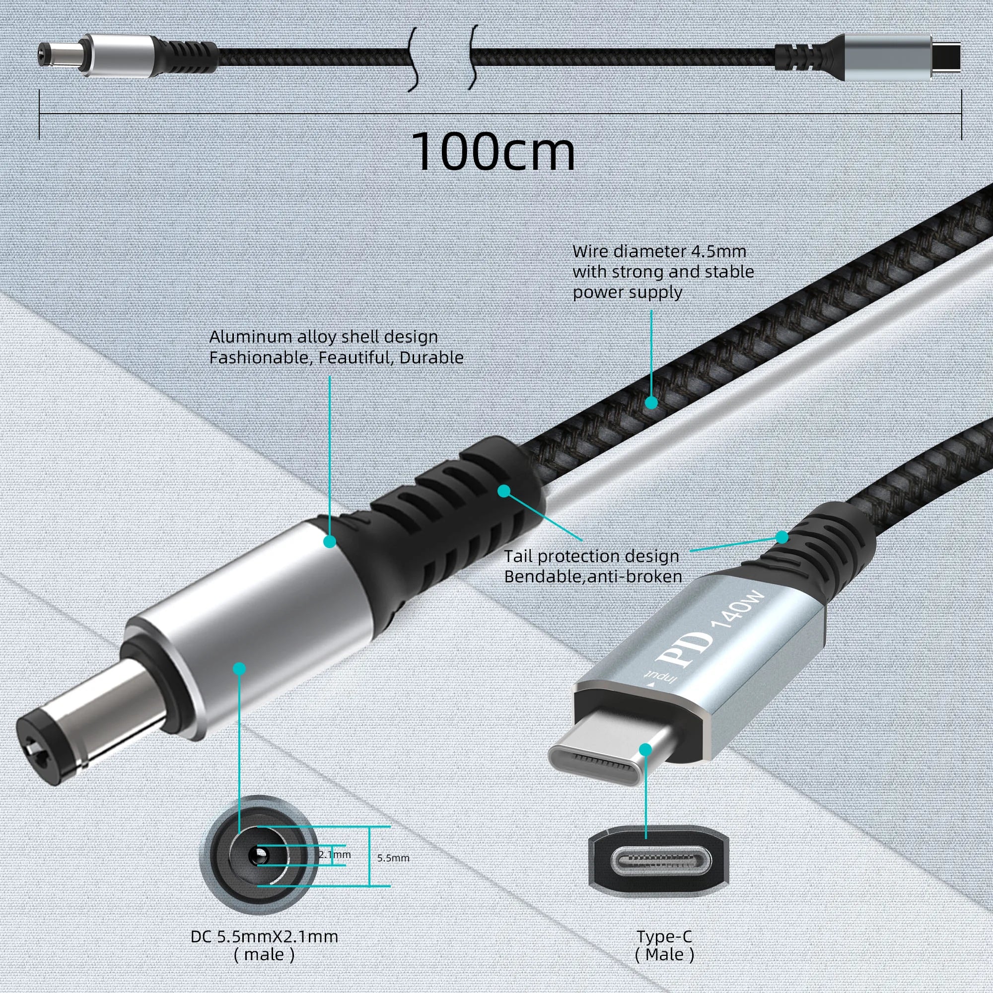 USB-C auf DC 5,5x2,1 mm Netzkabel Aluminium
