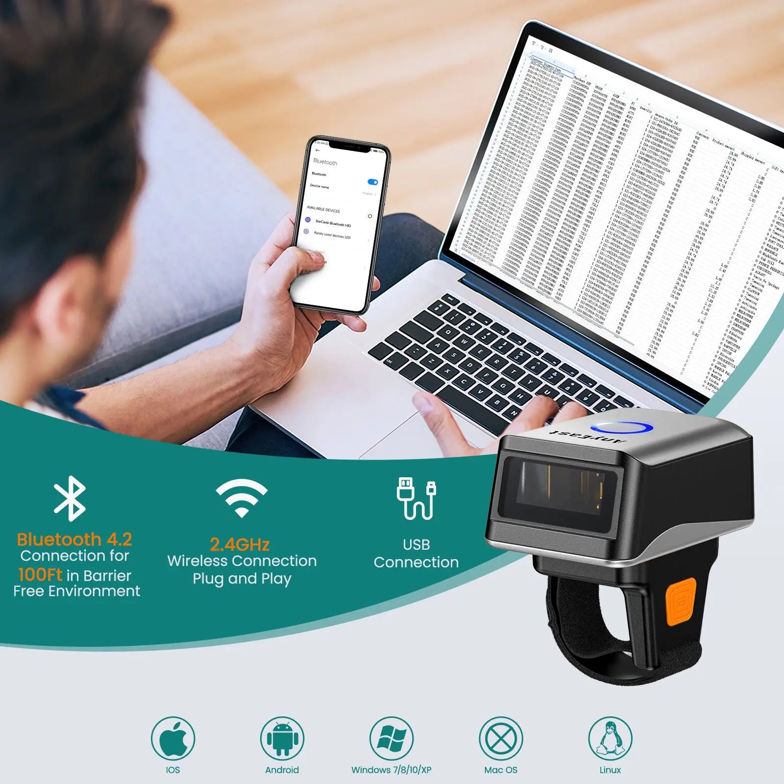 Mini Ring Barcodescanner 1D mit Bluetooth & USB