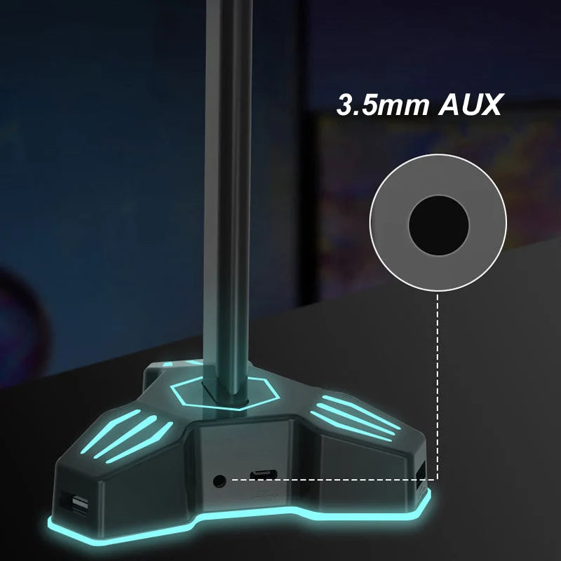 RGB LED headphone stand with USB hub and AUX port