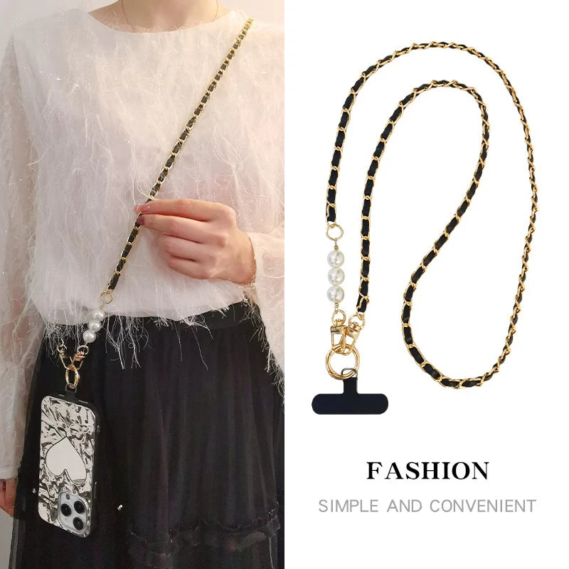 Damen Leder Lanyard mit Perlen & Metallkette