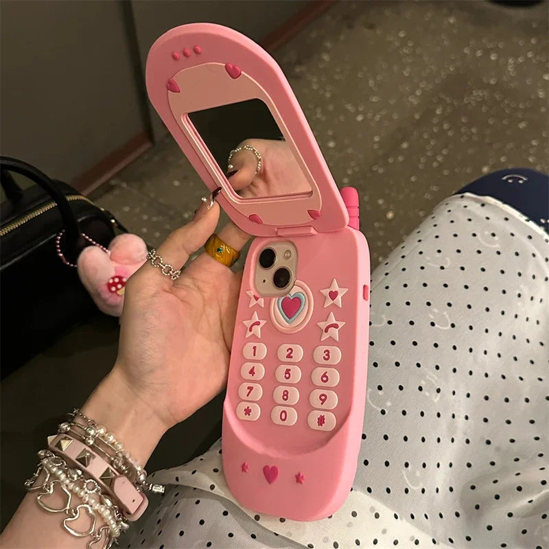 Süße 3D Rosa Flip Spiegel Silikonhülle iPhone