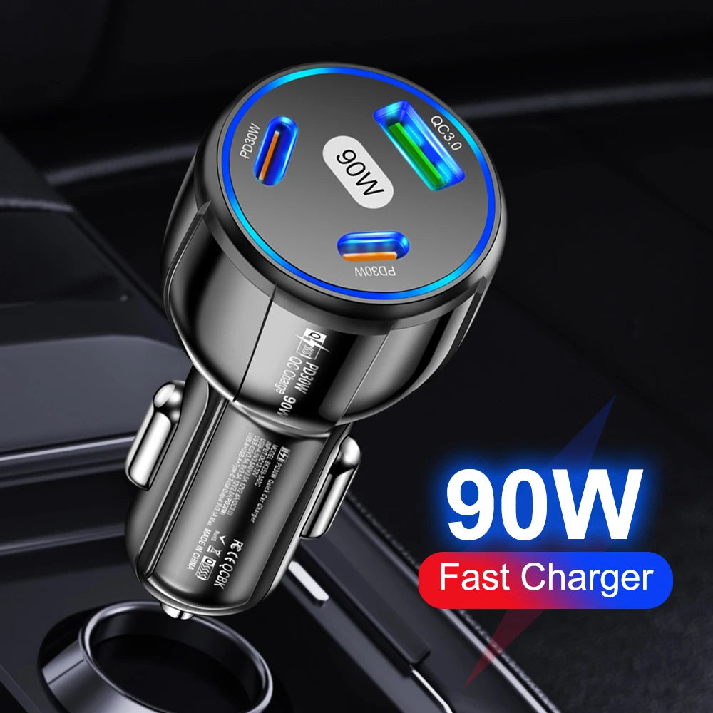 90W 3-Port Schnellladegerät Auto PD USB Typ-C
