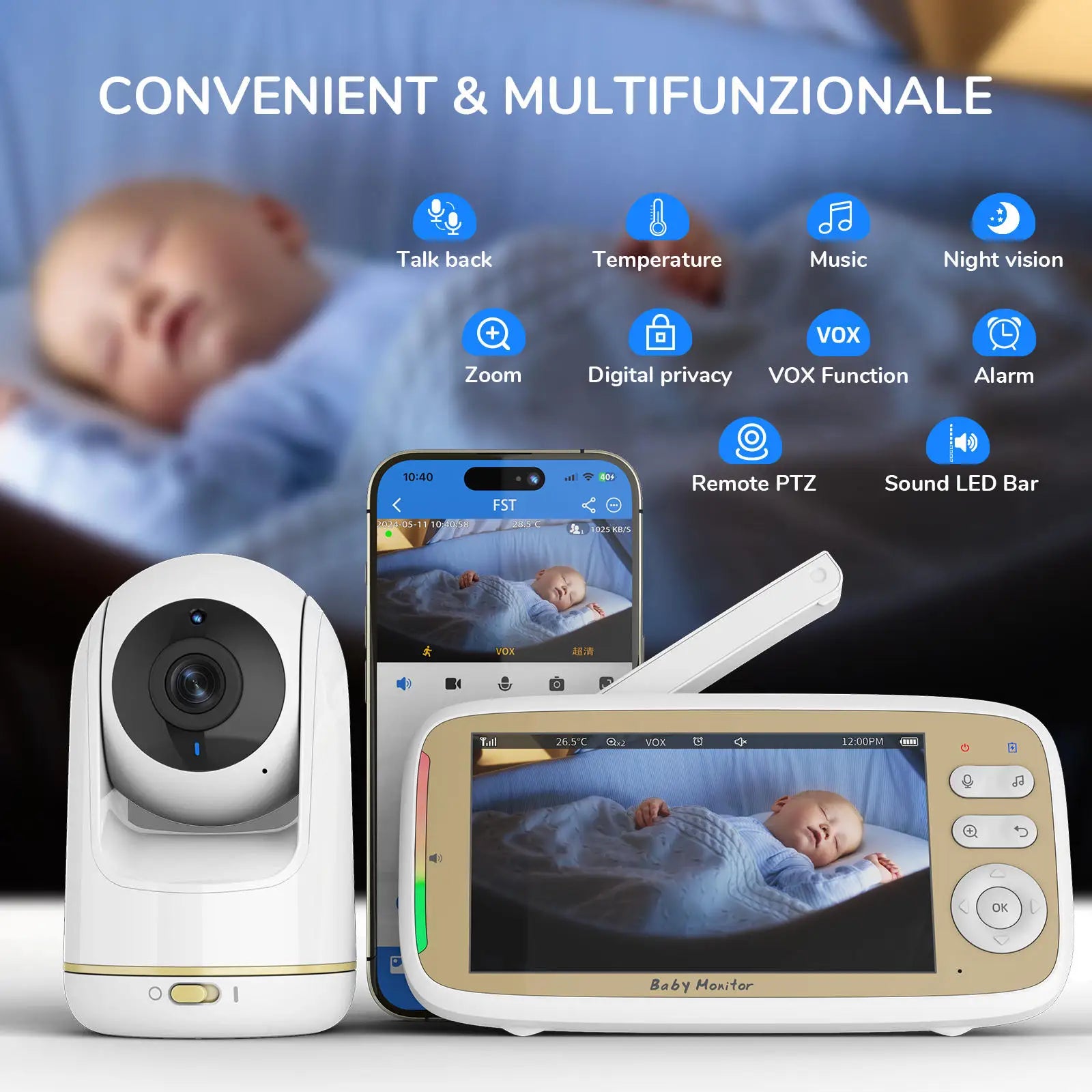 HD 1080P Babyphone mit Zwei-Wege-Audio, PTZ und Temperaturüberwachung