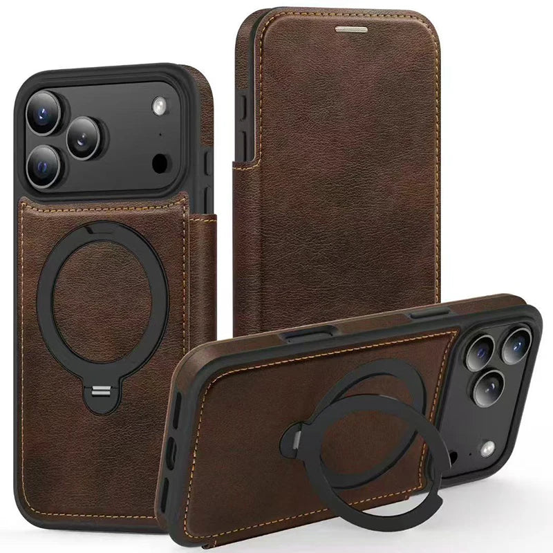 Kartenetui Flip-Ledertasche für iPhone 17 mit Ringständer