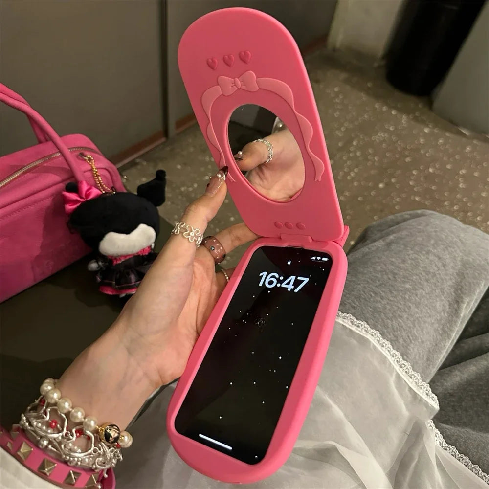 Süße 3D Rosa Flip Spiegel Silikonhülle iPhone