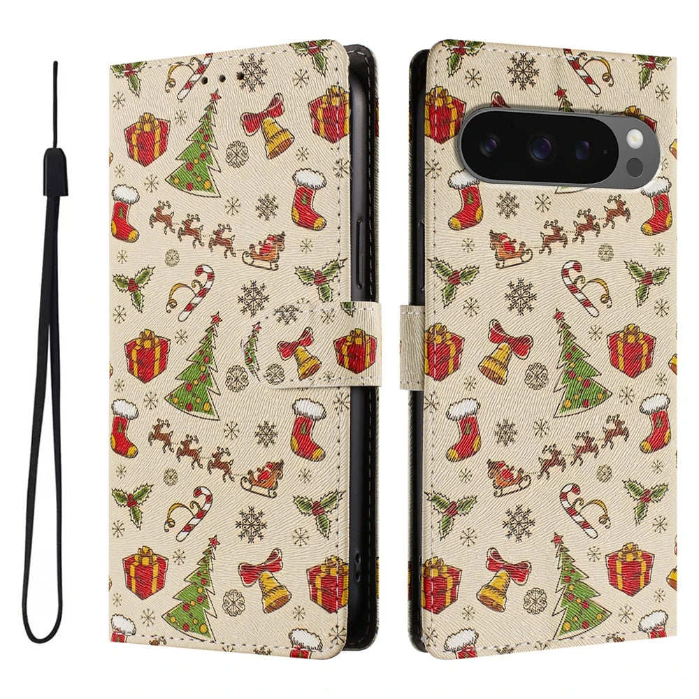 Premium Leder Flip Wallet Hülle für Google Pixel mit Weihnachtsmotiv