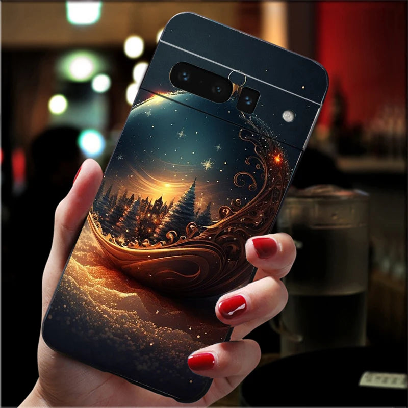 Aesthetic Christmas silicone case for Google Pixel 8, 9 and 10. Flexible, shockproof, protective soft TPU case.