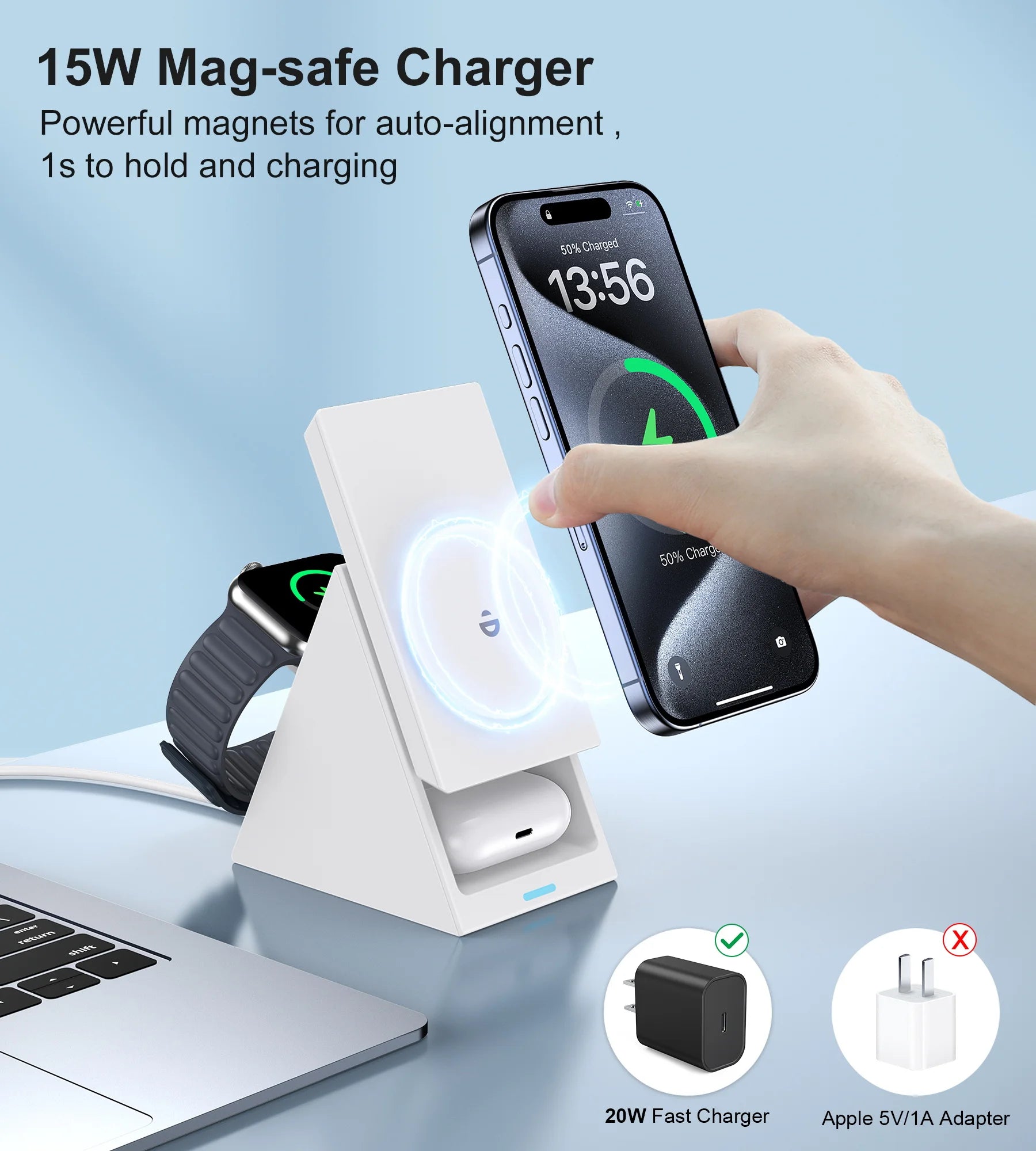 3-in-1 MagSafe Ladegerät für iPhone mit 15W Power