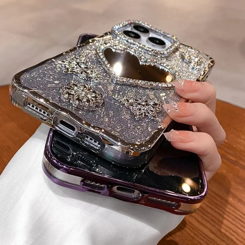 Herz Make-up Spiegelhülle mit Glitzer für iPhone 17