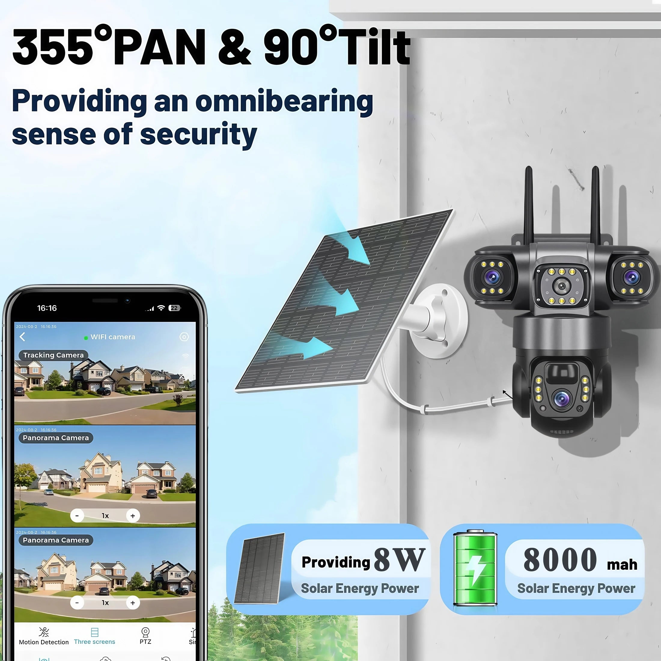 15MP Solar WLAN Kamera mit 3 Objektiven, 360° Sicht