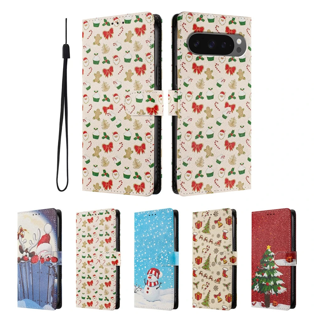 Premium Leder Flip Wallet Hülle für Google Pixel mit Weihnachtsmotiv